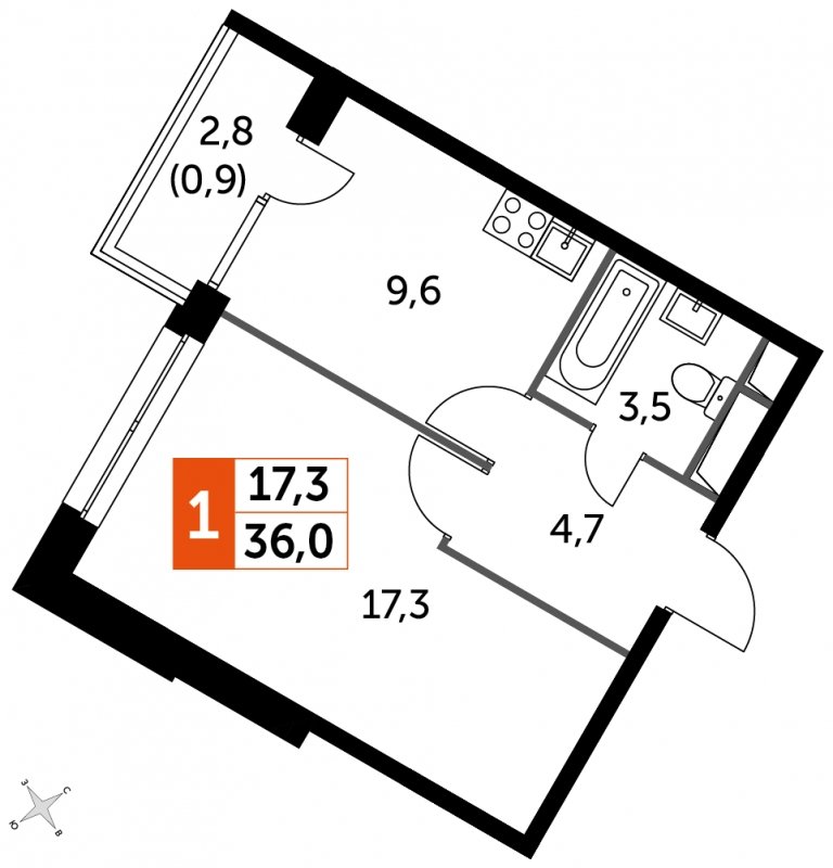 1-комнатная квартира без отделки, 36 м2, 11 этаж, дом сдан, ЖК Датский квартал, корпус 2 - объявление 2335594 - фото №1