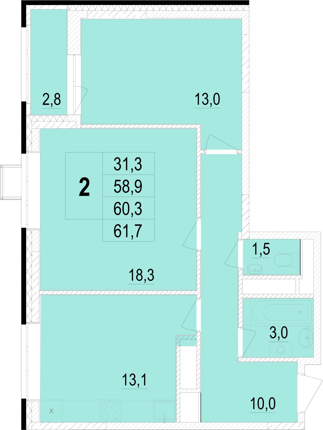 2-комнатная квартира без отделки, 60.3 м2, 24 этаж, сдача 1 квартал 2024 г., ЖК Отрадный, корпус 4 - объявление 2058870 - фото №1
