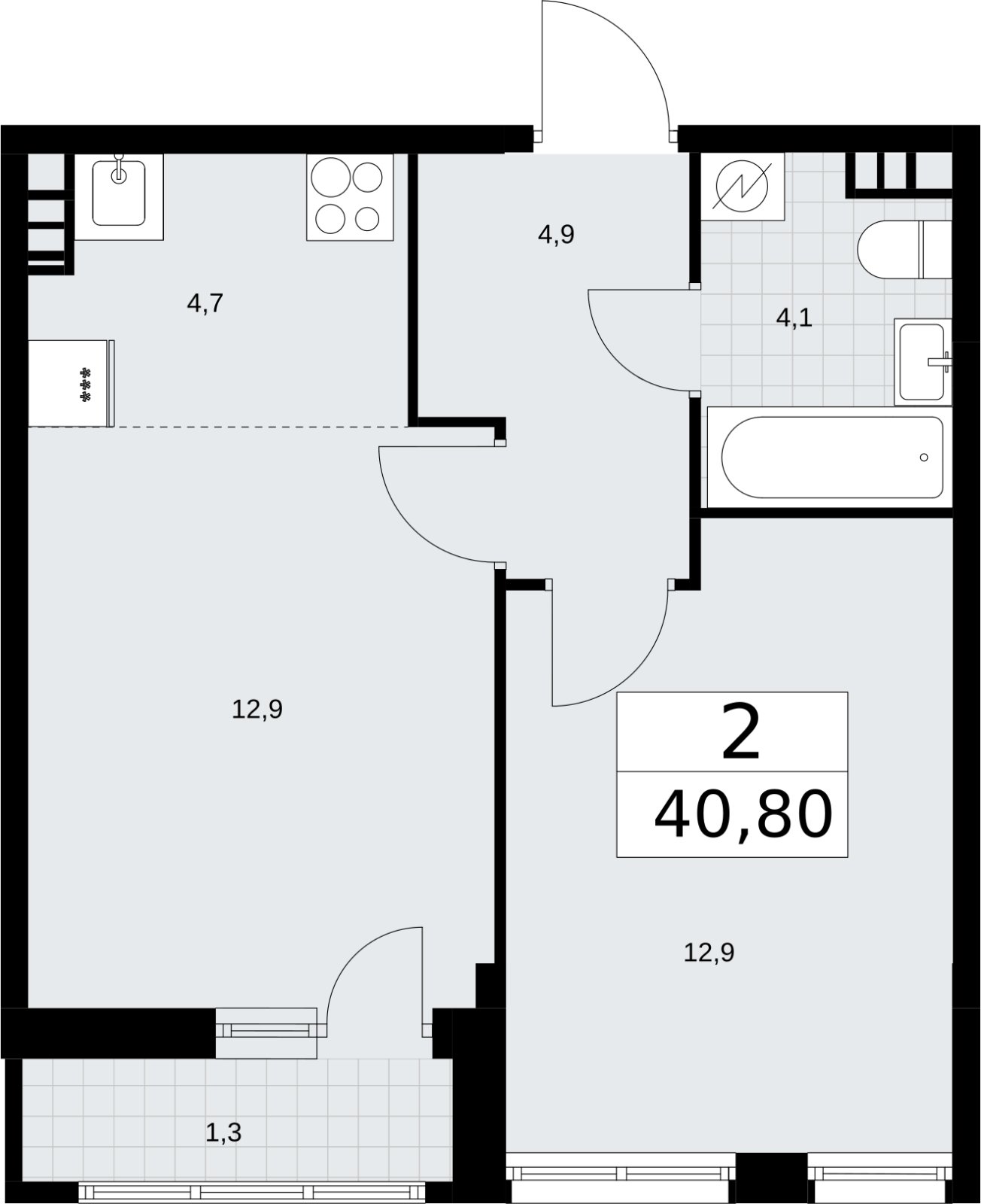 2-комнатная квартира (евро) с полной отделкой, 40.8 м2, 4 этаж, сдача 4 квартал 2026 г., ЖК Родные кварталы, корпус 3.3 - объявление 2378508 - фото №1
