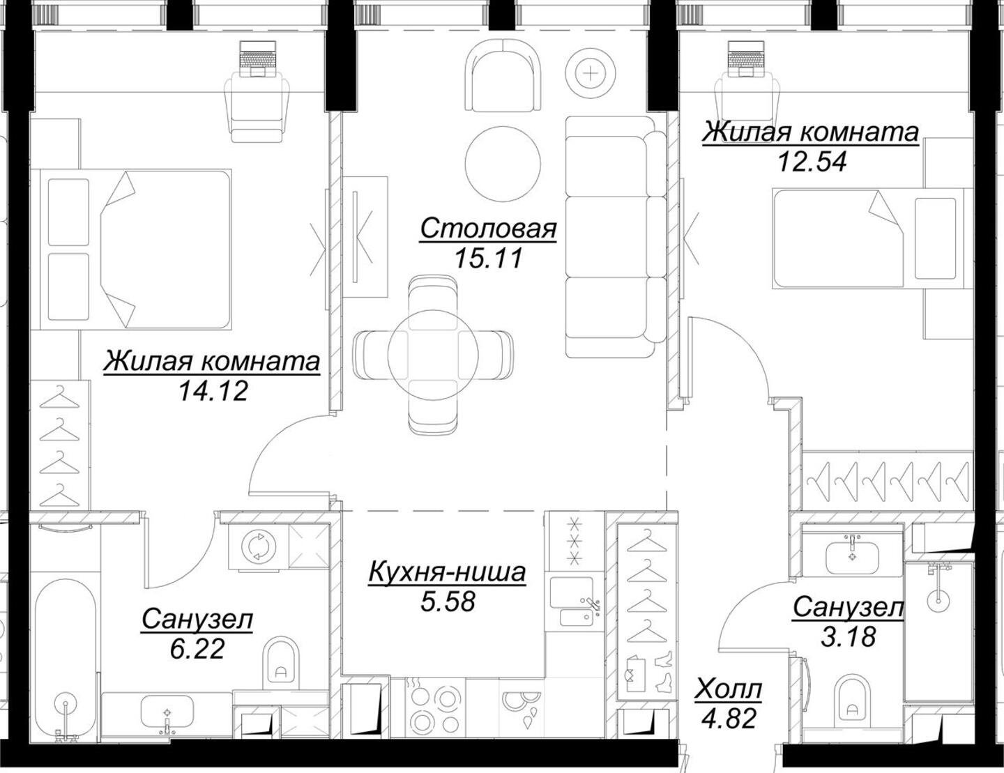 2-комнатная квартира с частичной отделкой, 62.07 м2, 26 этаж, сдача 4 квартал 2024 г., ЖК MOD, корпус Camus - объявление 2212996 - фото №1