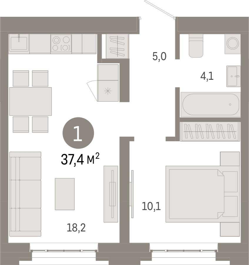 1-комнатная квартира с частичной отделкой, 37.4 м2, 2 этаж, сдача 3 квартал 2026 г., ЖК Квартал Метроном, корпус 1 - объявление 2331047 - фото №1