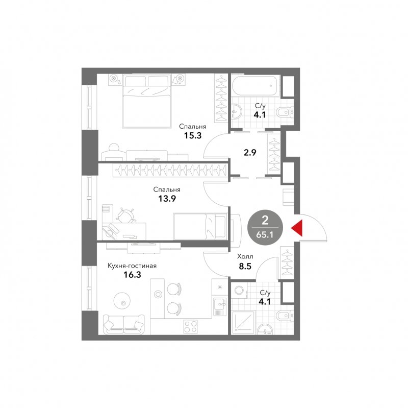 2-комнатные апартаменты без отделки, 65.1 м2, 9 этаж, сдача 3 квартал 2025 г., ЖК VOXHALL, корпус 4 - объявление 1794667 - фото №1