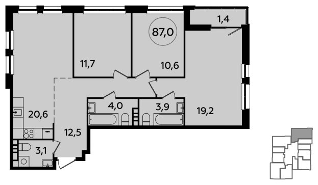 3-комнатная квартира без отделки, 87 м2, 2 этаж, сдача 4 квартал 2023 г., ЖК Южные сады, корпус 1.2 - объявление 1656583 - фото №1