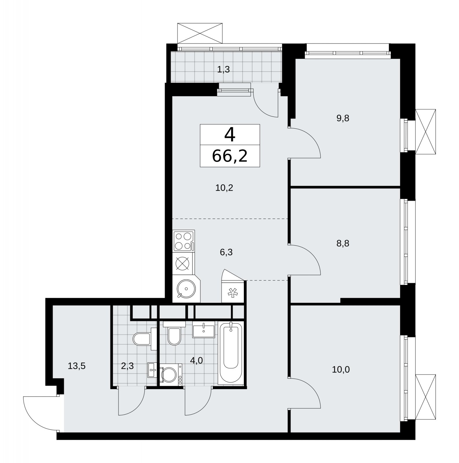 4-комнатная квартира (евро) без отделки, 66.2 м2, 14 этаж, сдача 1 квартал 2026 г., ЖК Скандинавия, корпус 37.2.1 - объявление 2254396 - фото №1