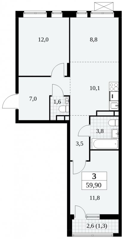 3-комнатная квартира (евро) без отделки, 59.9 м2, 6 этаж, сдача 3 квартал 2024 г., ЖК Прокшино, корпус 8.5 - объявление 1684339 - фото №1