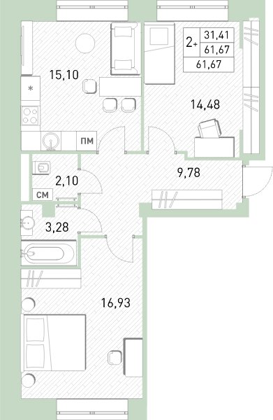 3-комнатная квартира (евро) с полной отделкой, 60.4 м2, 1 этаж, сдача 2 квартал 2023 г., ЖК Столичный, корпус 24 - объявление 2063595 - фото №1