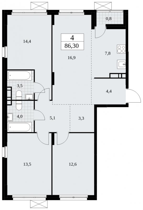 4-комнатная квартира (евро) с частичной отделкой, 86.3 м2, 9 этаж, сдача 4 квартал 2024 г., ЖК Скандинавия, корпус 35.1.4 - объявление 1779801 - фото №1