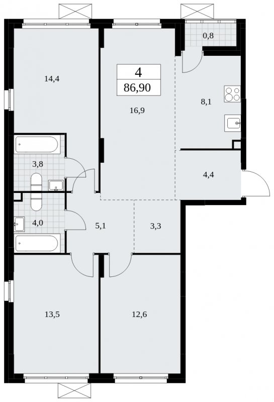 4-комнатная квартира (евро) с полной отделкой, 86.9 м2, 2 этаж, сдача 4 квартал 2024 г., ЖК Скандинавия, корпус 35.1.4 - объявление 1779759 - фото №1