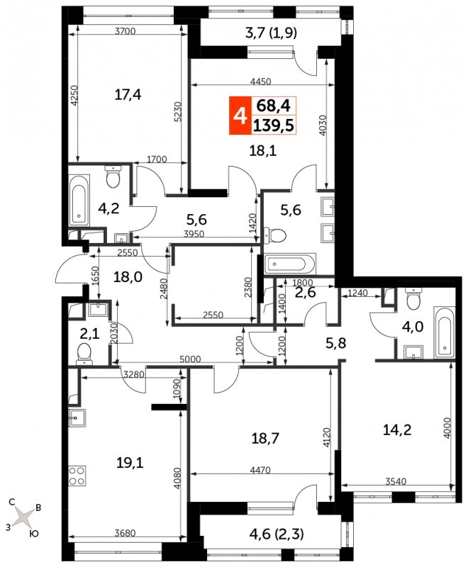 4-комнатная квартира с частичной отделкой, 139.5 м2, 12 этаж, сдача 3 квартал 2024 г., ЖК Sydney City, корпус 2.1 - объявление 1664178 - фото №1