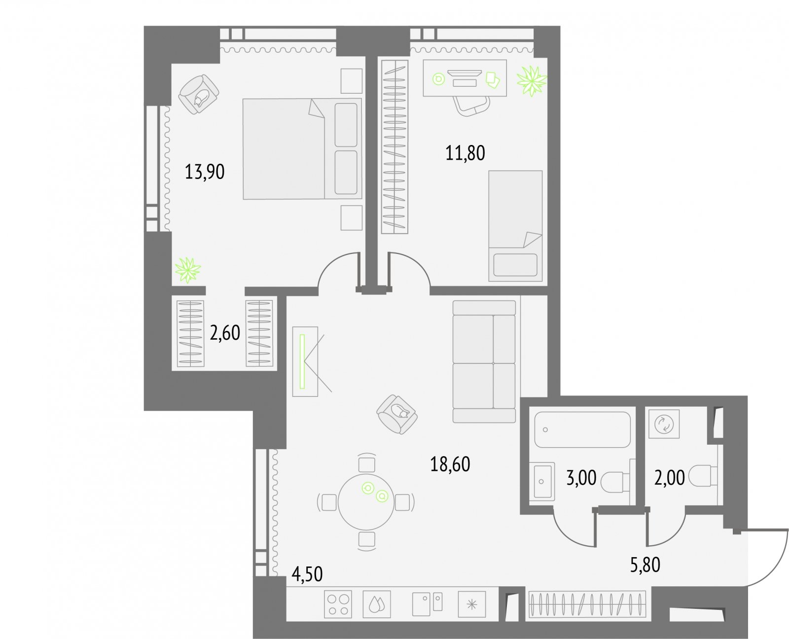 2-комнатная квартира без отделки, 62.2 м2, 27 этаж, сдача 2 квартал 2026 г., ЖК Upside Towers, корпус 1 - объявление 2275578 - фото №1