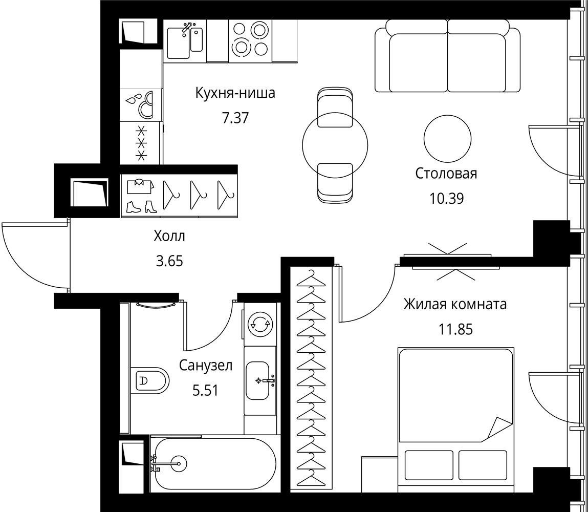 1-комнатная квартира с частичной отделкой, 38.77 м2, 12 этаж, сдача 3 квартал 2026 г., ЖК City Bay, корпус North Ocean 8 - объявление 2332240 - фото №1