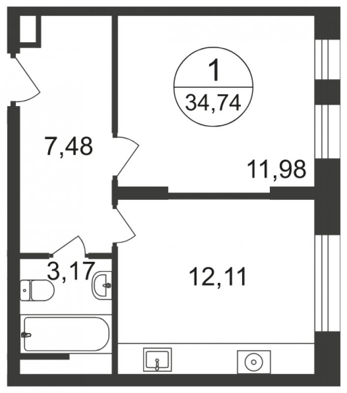 1-комнатная квартира с полной отделкой, 34.74 м2, 9 этаж, сдача 3 квартал 2023 г., ЖК Люберцы, корпус 66 - объявление 1597976 - фото №1