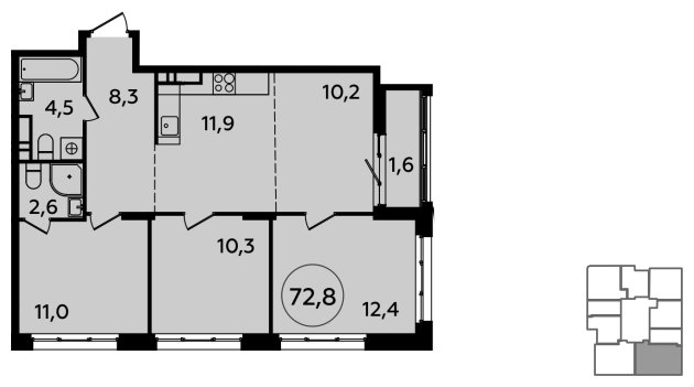 4-комнатная квартира (евро) с частичной отделкой, 72.8 м2, 8 этаж, сдача 1 квартал 2024 г., ЖК Скандинавия, корпус 23.2 - объявление 1514664 - фото №1