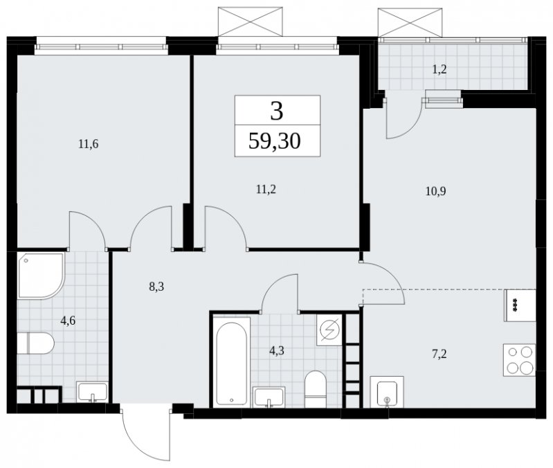3-комнатная квартира (евро) без отделки, 59.3 м2, 9 этаж, сдача 4 квартал 2024 г., ЖК Скандинавия, корпус 35.2.2 - объявление 1841073 - фото №1