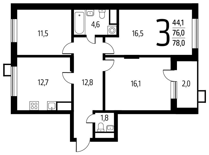 3-комнатная квартира с полной отделкой, 78 м2, 4 этаж, сдача 1 квартал 2024 г., ЖК Новые Ватутинки. Центральный, корпус 9/1/1.2 - объявление 1674862 - фото №1