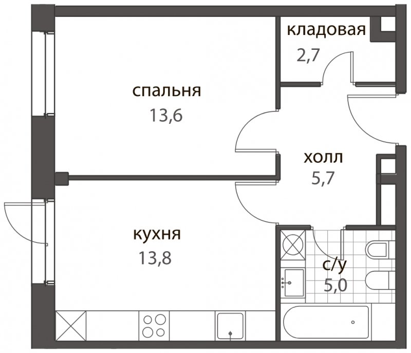 1-комнатная квартира без отделки, 40.8 м2, 1 этаж, дом сдан, ЖК HomeCity, корпус 2 - объявление 1638708 - фото №1
