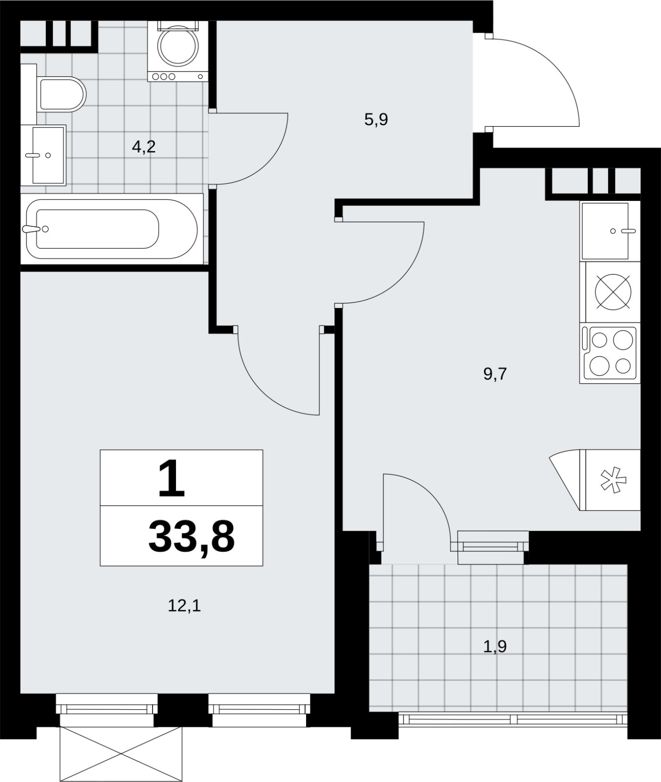 1-комнатная квартира без отделки, 33.8 м2, 12 этаж, сдача 4 квартал 2026 г., ЖК Скандинавия, корпус 2.18.1.3 - объявление 2350847 - фото №1