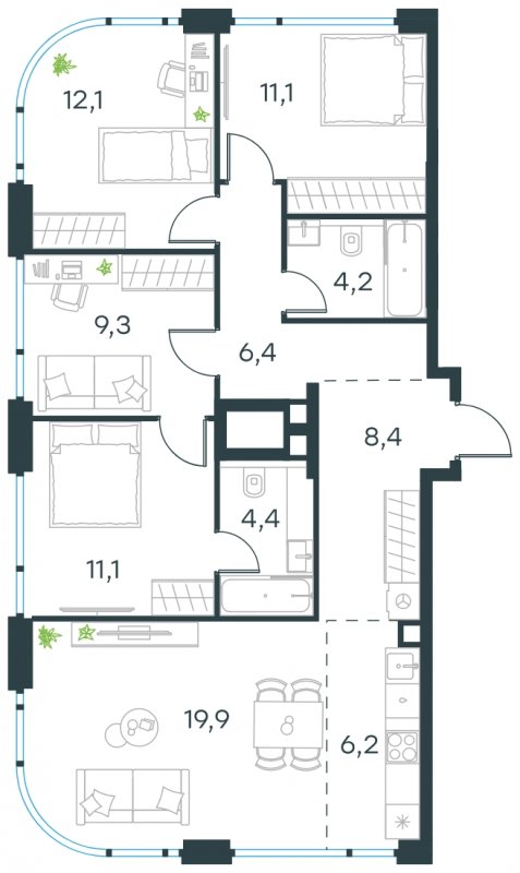 5-комнатная квартира (евро) без отделки, 93.1 м2, 13 этаж, сдача 4 квартал 2024 г., ЖК Level Мичуринский, корпус 6 - объявление 1638321 - фото №1