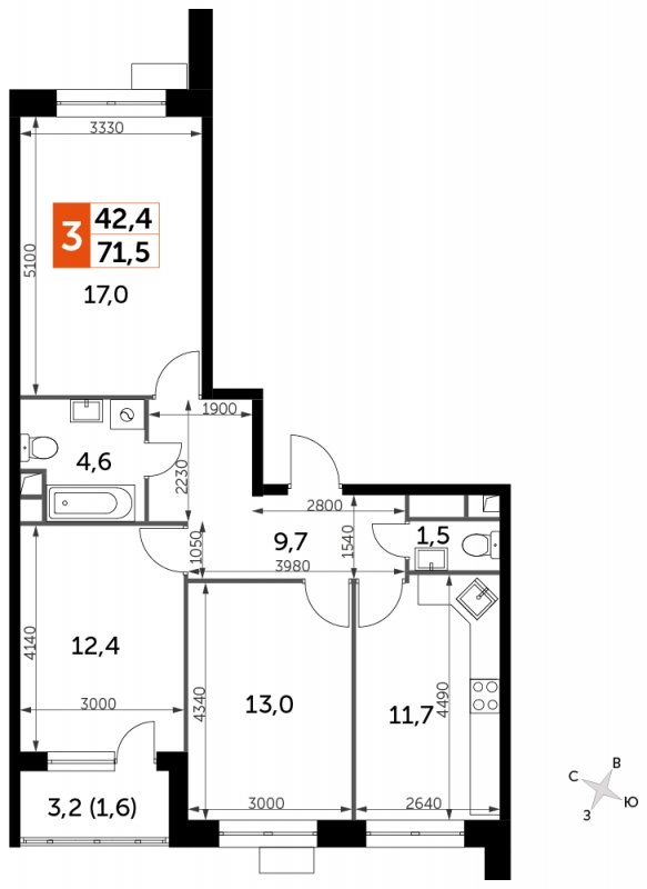 3-комнатная квартира без отделки, 71.5 м2, 3 этаж, сдача 4 квартал 2023 г., ЖК Датский квартал, корпус 2 - объявление 1695648 - фото №1