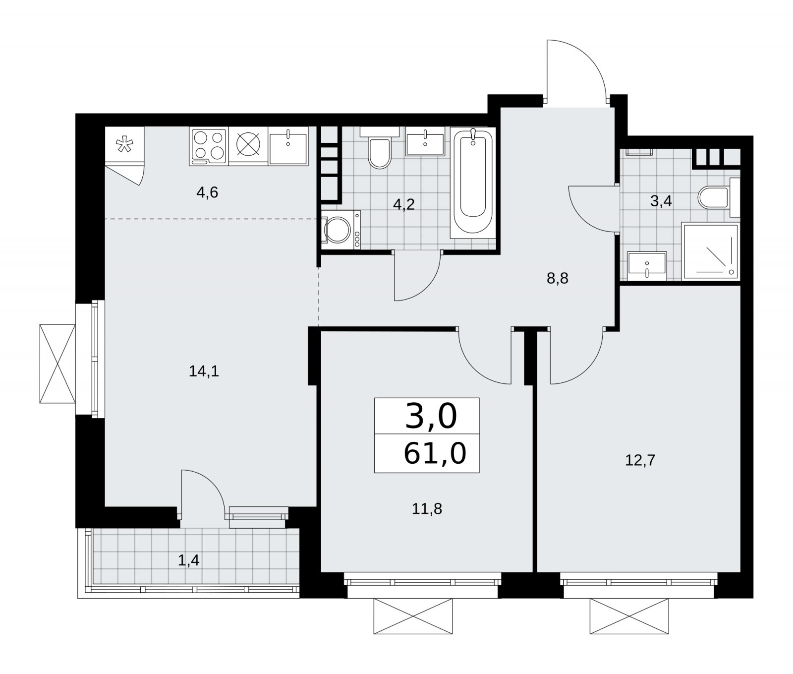 3-комнатная квартира (евро) с частичной отделкой, 61 м2, 13 этаж, сдача 2 квартал 2026 г., ЖК Прокшино, корпус 10.1.4 - объявление 2227406 - фото №1