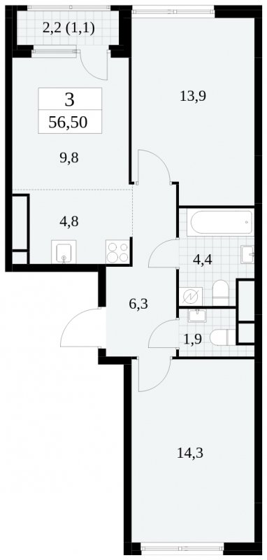 3-комнатная квартира (евро) без отделки, 56.5 м2, 21 этаж, сдача 2 квартал 2025 г., ЖК Южные сады, корпус 2.3 - объявление 1758378 - фото №1