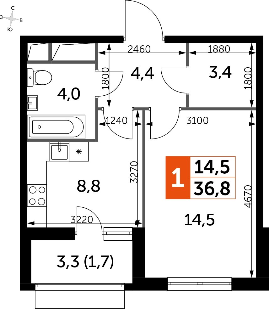 1-комнатная квартира с частичной отделкой, 36.8 м2, 13 этаж, дом сдан, ЖК UP-квартал Римский, корпус 7 - объявление 2208423 - фото №1