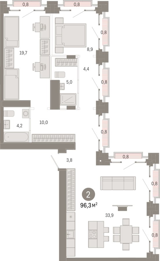 2-комнатная квартира с частичной отделкой, 96.3 м2, 31 этаж, сдача 3 квартал 2026 г., ЖК Квартал Метроном, корпус 1 - объявление 2301638 - фото №1