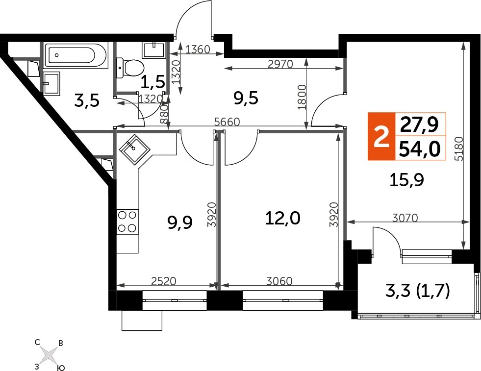 2-комнатная квартира без отделки, 53.9 м2, 13 этаж, дом сдан, ЖК Датский квартал, корпус 2 - объявление 2333482 - фото №1