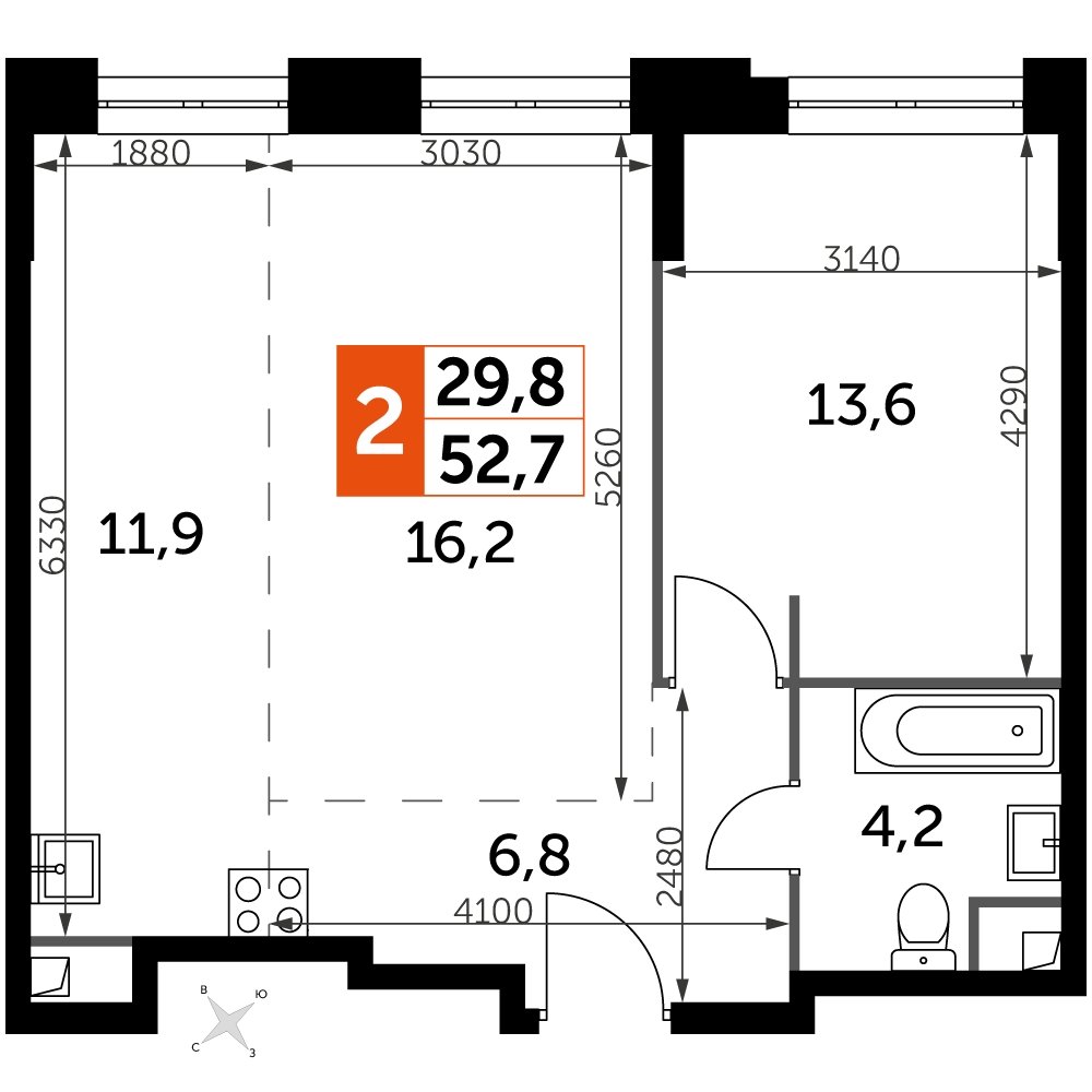 2-комнатная квартира с частичной отделкой, 52.7 м2, 15 этаж, дом сдан, ЖК Sydney City, корпус 2 - объявление 2260120 - фото №1