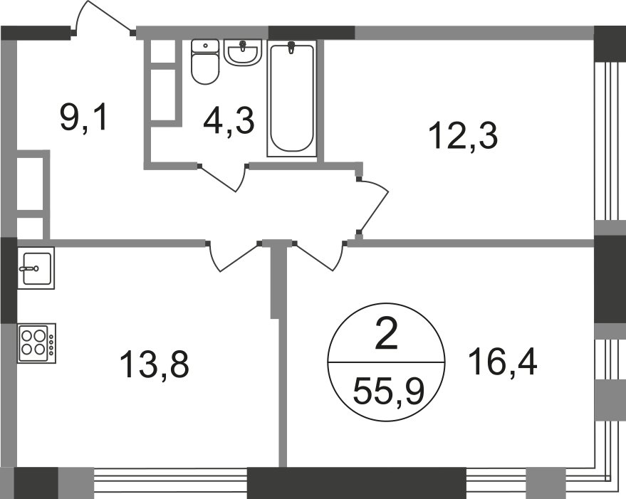 2-комнатная квартира без отделки, 55.9 м2, 8 этаж, сдача 1 квартал 2025 г., ЖК город-парк Переделкино Ближнее, корпус 17-1 - объявление 2138708 - фото №1