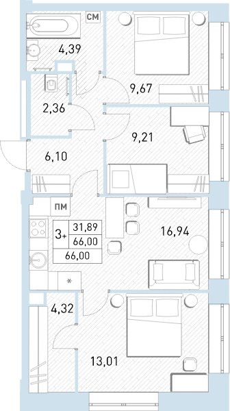 4-комнатная квартира (евро) с полной отделкой, 65.8 м2, 2 этаж, сдача 2 квартал 2023 г., ЖК Столичный, корпус 24 - объявление 2063626 - фото №1