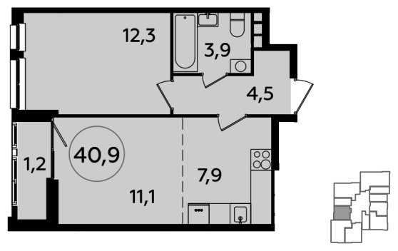 2-комнатная квартира (евро) без отделки, 40.9 м2, 22 этаж, сдача 4 квартал 2023 г., ЖК Южные сады, корпус 1.3 - объявление 1512429 - фото №1