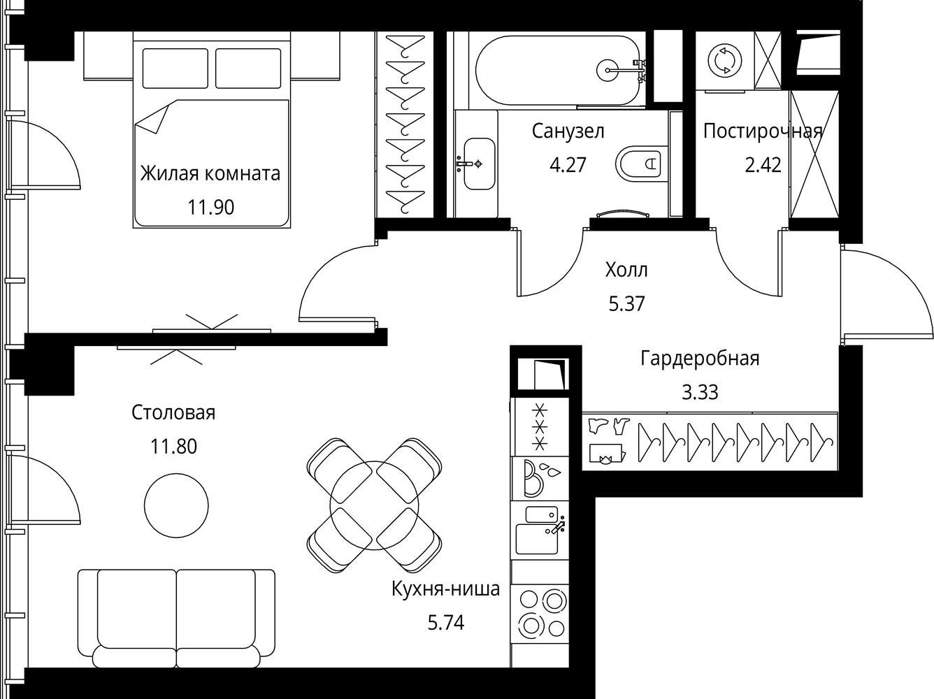 1-комнатная квартира с частичной отделкой, 44.83 м2, 16 этаж, сдача 3 квартал 2026 г., ЖК City Bay, корпус North Ocean 8 - объявление 2332292 - фото №1