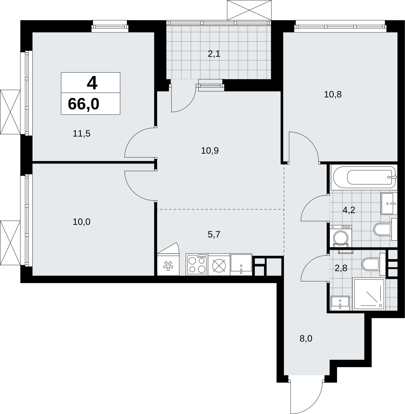 4-комнатная квартира (евро) без отделки, 66 м2, 3 этаж, сдача 4 квартал 2026 г., ЖК Скандинавия, корпус 2.18.1.2 - объявление 2350629 - фото №1