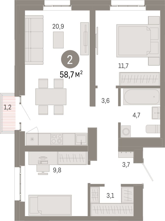 2-комнатная квартира с частичной отделкой, 58.7 м2, 12 этаж, сдача 3 квартал 2026 г., ЖК Квартал Метроном, корпус 1 - объявление 2372349 - фото №1