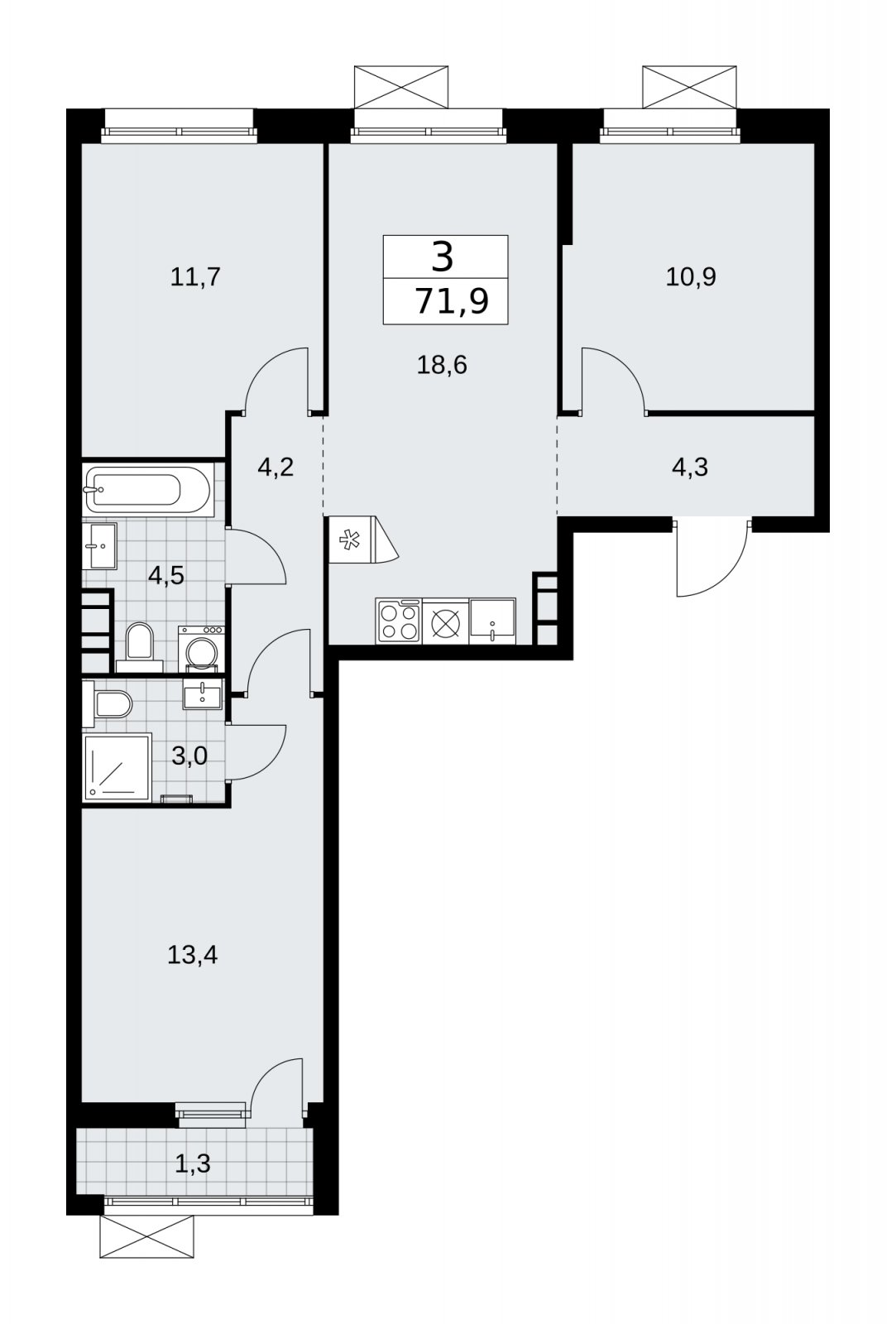 3-комнатная квартира без отделки, 71.9 м2, 6 этаж, сдача 2 квартал 2026 г., ЖК Скандинавия, корпус 25.4 - объявление 2284110 - фото №1