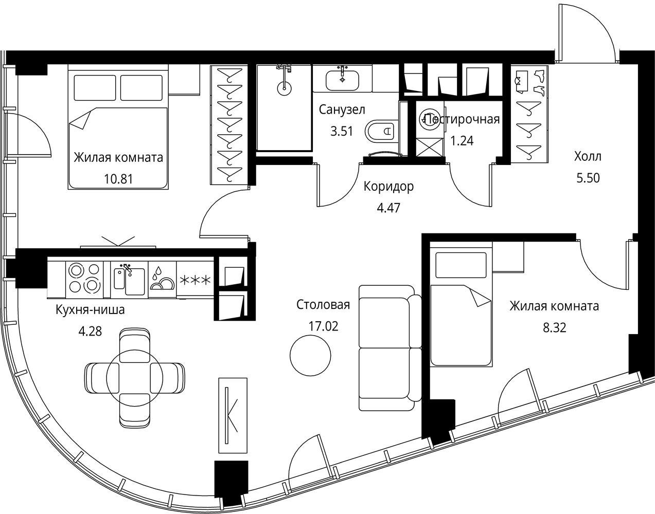2-комнатная квартира с частичной отделкой, 55.15 м2, 20 этаж, сдача 3 квартал 2026 г., ЖК City Bay, корпус North Ocean 8 - объявление 2332323 - фото №1