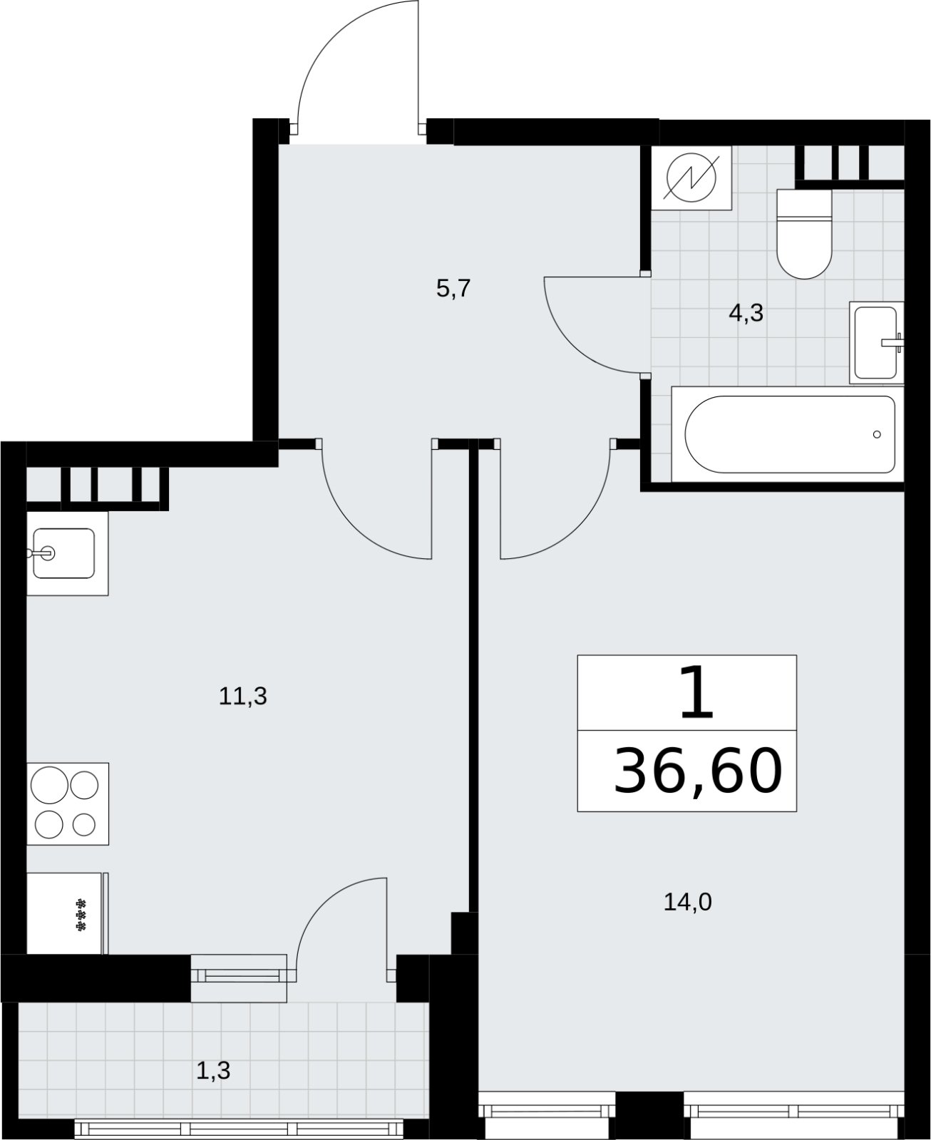 1-комнатная квартира с полной отделкой, 36.6 м2, 5 этаж, сдача 4 квартал 2026 г., ЖК Родные кварталы, корпус 3.3 - объявление 2378511 - фото №1