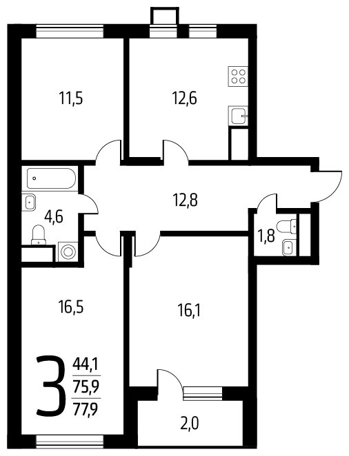 3-комнатная квартира с полной отделкой, 77.9 м2, 7 этаж, дом сдан, ЖК Новые Ватутинки. Центральный, корпус 9/2/2.1 - объявление 1674788 - фото №1