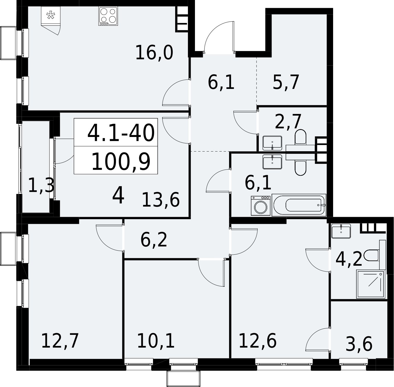 4-комнатная квартира с полной отделкой, 100.9 м2, 8 этаж, сдача 2 квартал 2027 г., ЖК Южные сады, корпус 4.1.1 - объявление 2392581 - фото №1