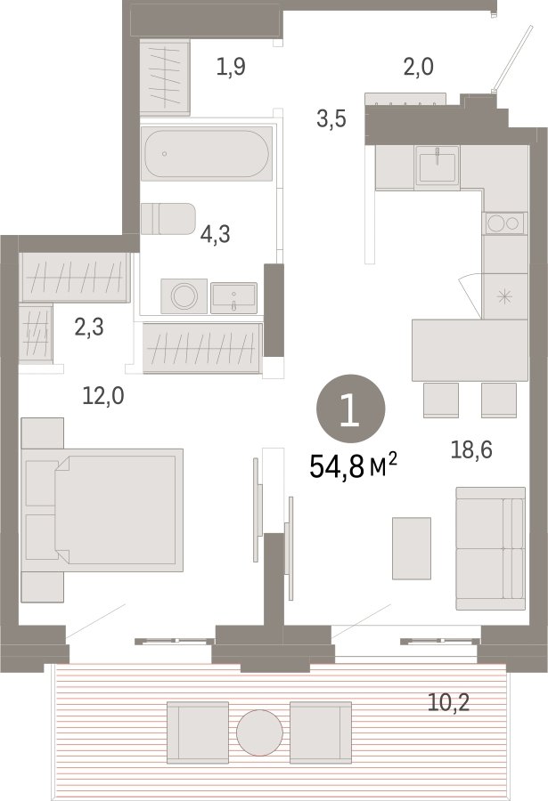1-комнатная квартира 54.8 м2, 2 этаж, сдача 3 квартал 2026 г., ЖК Квартал Метроном, корпус 1 - объявление 2330835 - фото №1