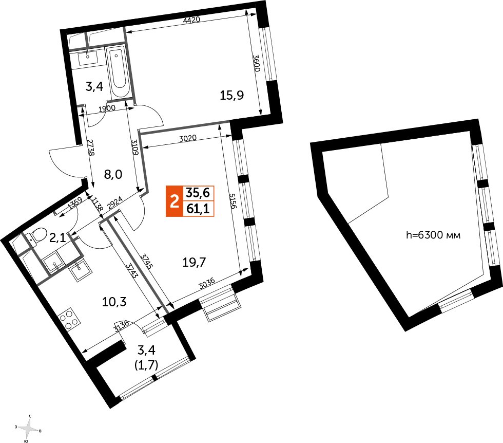 3-комнатная квартира без отделки, 89.3 м2, 11 этаж, дом сдан, ЖК UP-квартал Римский, корпус 7 - объявление 2353967 - фото №1
