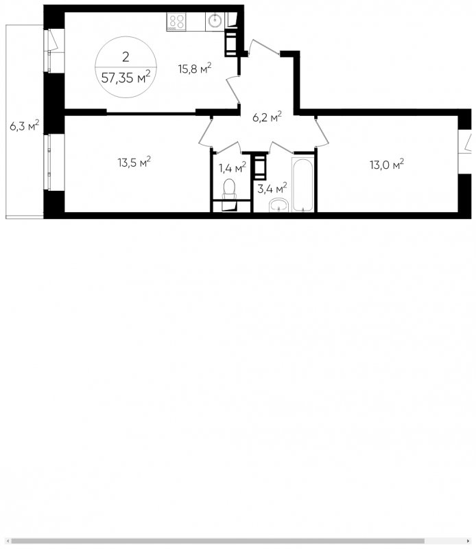 2-комнатная квартира с полной отделкой, 57.1 м2, 17 этаж, дом сдан, ЖК Люберцы, корпус 60 - объявление 1764186 - фото №1