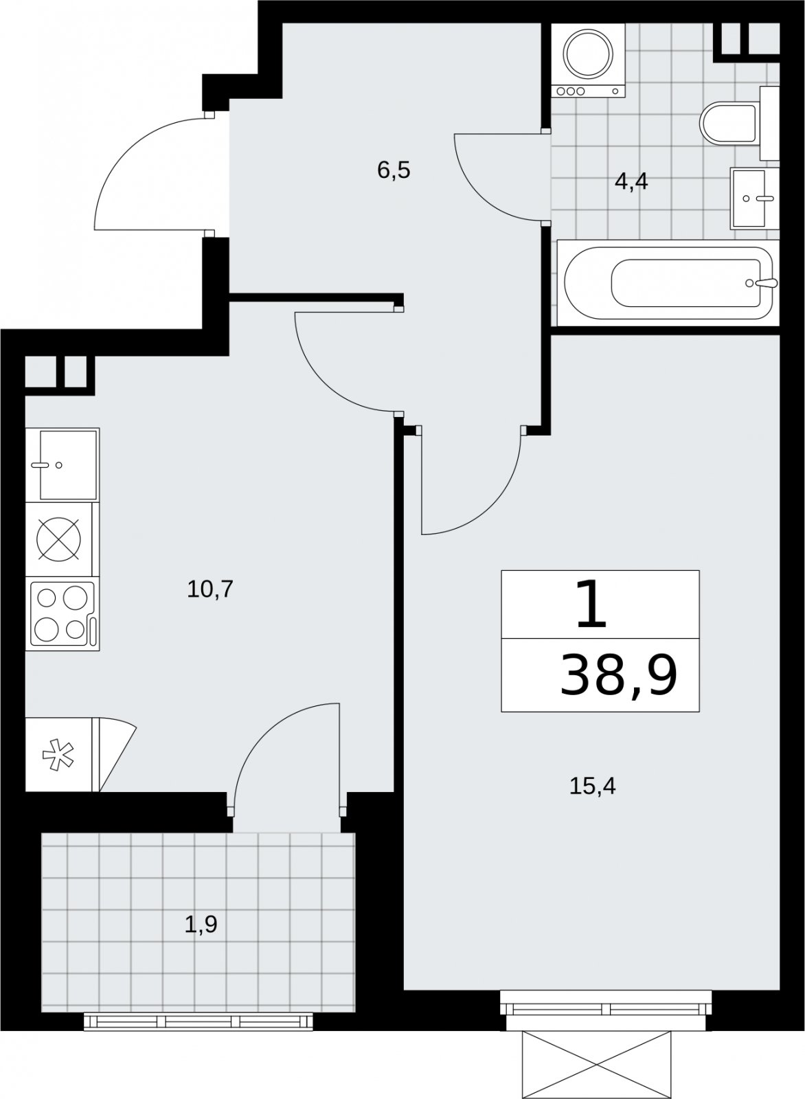 1-комнатная квартира без отделки, 38.9 м2, 3 этаж, сдача 2 квартал 2026 г., ЖК Бунинские кварталы, корпус 5.3 - объявление 2297507 - фото №1