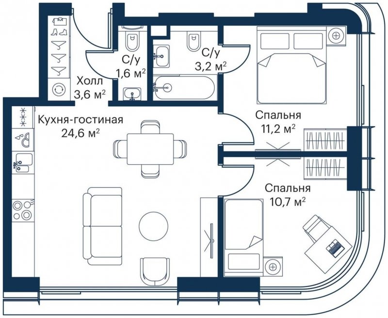 2-комнатная квартира с частичной отделкой, 54.9 м2, 26 этаж, сдача 4 квартал 2023 г., ЖК City Bay, корпус Atlantic Ocean 1 - объявление 1780838 - фото №1