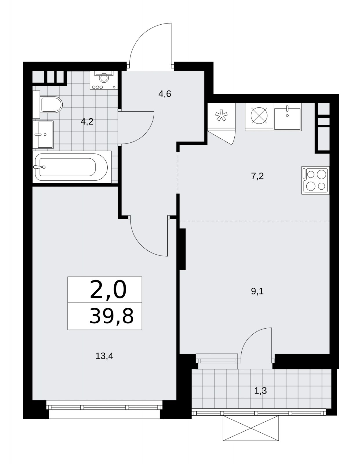 2-комнатная квартира (евро) с частичной отделкой, 39.8 м2, 8 этаж, сдача 2 квартал 2026 г., ЖК Прокшино, корпус 10.1.4 - объявление 2250654 - фото №1
