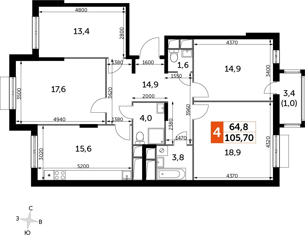 4-комнатная квартира без отделки, 105.7 м2, 16 этаж, дом сдан, ЖК UP-квартал Римский, корпус 7 - объявление 2231460 - фото №1