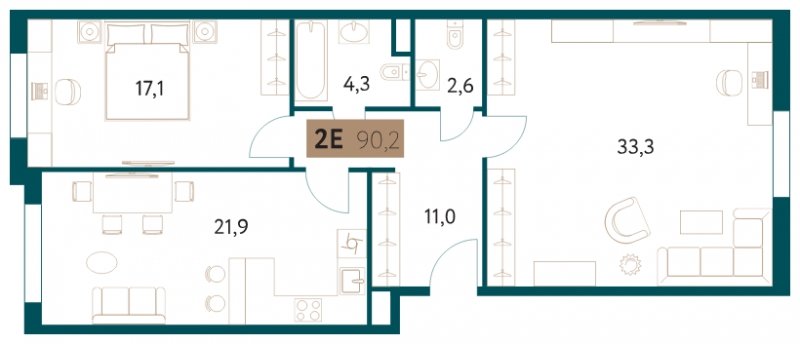 2-комнатная квартира 90.2 м2, 2 этаж, сдача 4 квартал 2022 г., ЖК Настоящее, корпус 3 - объявление 1711338 - фото №1