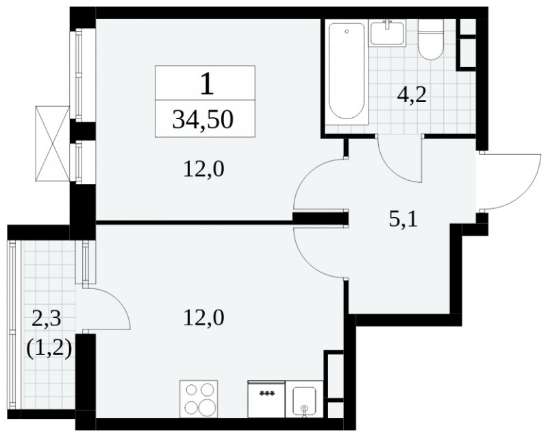 1-комнатная квартира без отделки, 34.5 м2, 5 этаж, сдача 3 квартал 2024 г., ЖК Прокшино, корпус 8.5 - объявление 1684834 - фото №1