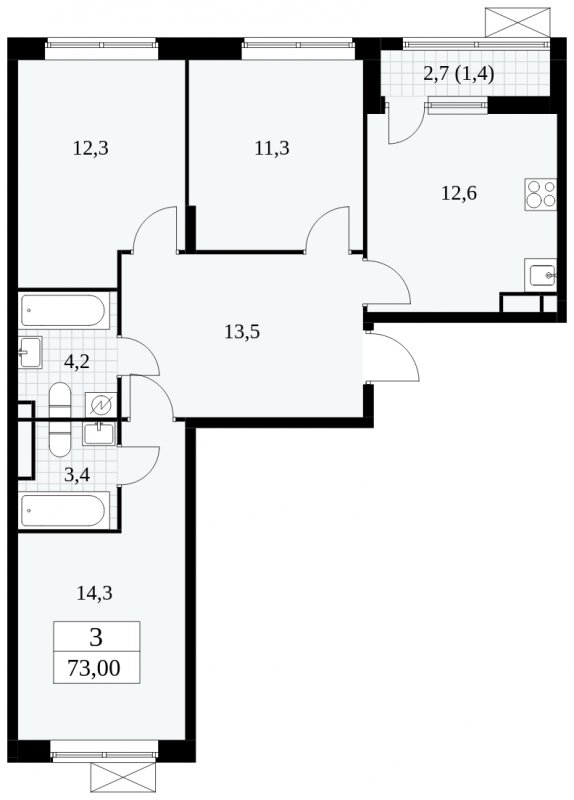 3-комнатная квартира без отделки, 73 м2, 6 этаж, сдача 1 квартал 2025 г., ЖК Прокшино, корпус 5.1.4 - объявление 1810969 - фото №1